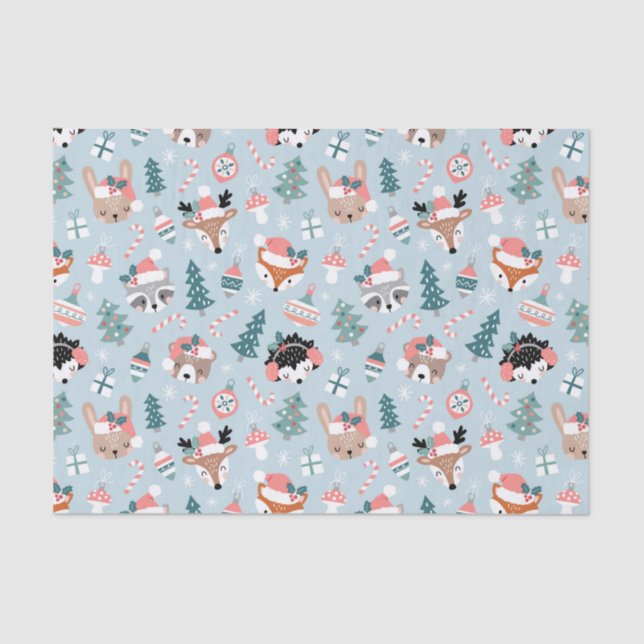 Adorable Woodland Christmas Animal Faces Pattern Tissue Paper (Front)
