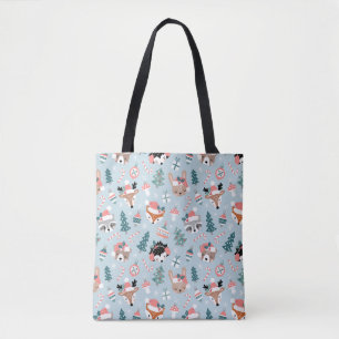 Adorable Woodland Christmas Animal Faces Pattern Tote Bag