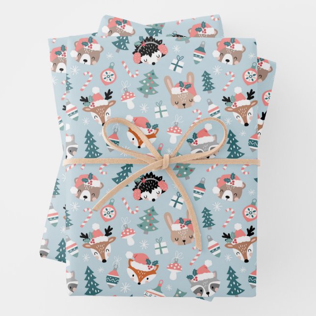 Adorable Woodland Christmas Animal Faces Pattern Wrapping Paper Sheet (In situ)