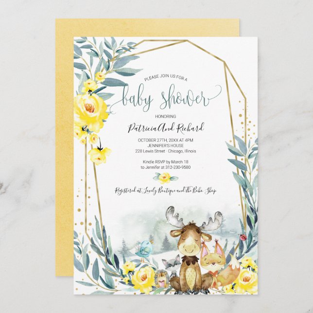 Adorable Woodland Floral Greenery Baby Shower Invitation (Front/Back)