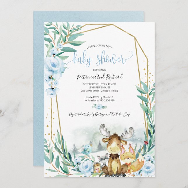Adorable Woodland Floral Greenery Baby Shower Invitation (Front/Back)