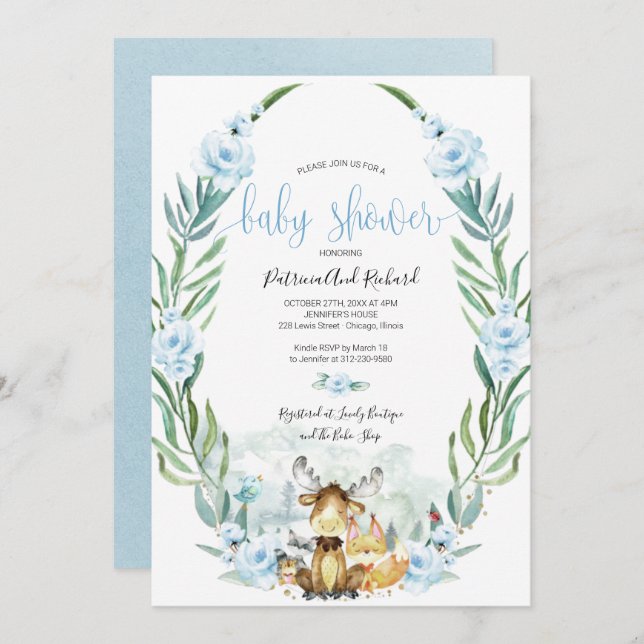 Adorable Woodland Floral Greenery Baby Shower Invitation (Front/Back)