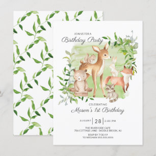 Adorable Woodland Friends Boys 1st Birthday Invitation