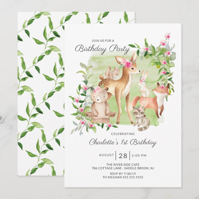Adorable Woodland Friends Girls 1st Birthday Invitation (Front/Back)