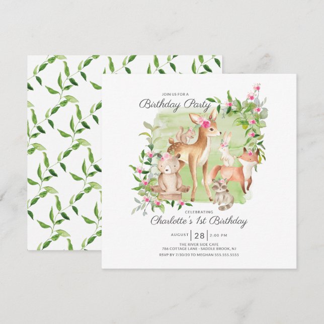 Adorable Woodland Friends Girls 1st Birthday Invitation (Front/Back)