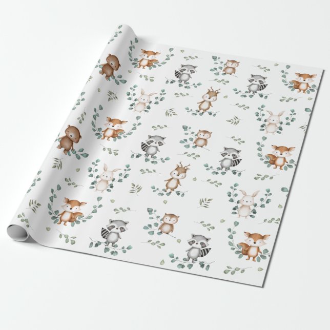 Adorable Woodland Greenery Forest Baby Animals Wrapping Paper (Unrolled)