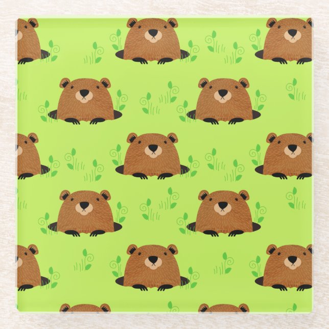 Adorable Woodland Groundhog Pattern Glass Coaster (Front)