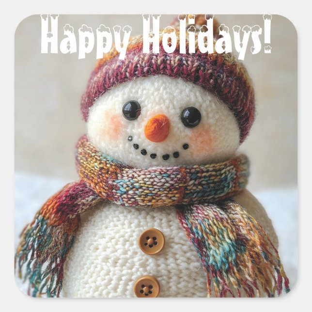 Adorable Wool Snowman with Hat & Scarf Design Square Sticker (Front)