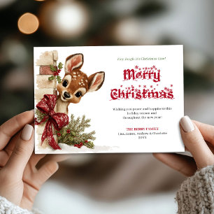 Adorable Xmas funny reindeer peeking greeting card