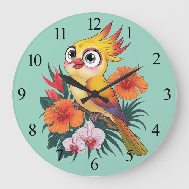 Adorable Yellow birds with flowers Large Clock (Front)
