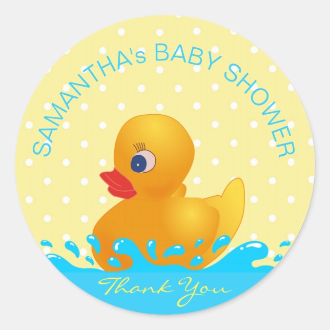 Adorable Yellow Blue Rubber Ducky Baby Shower Classic Round Sticker (Front)