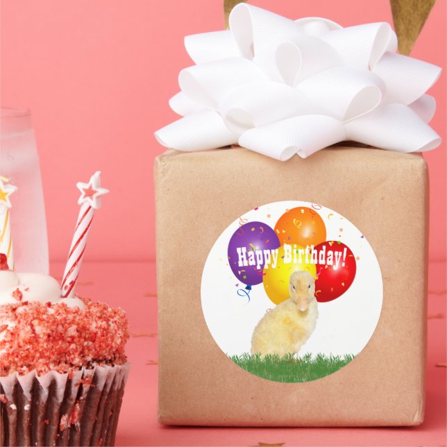 Adorable Yellow Duckling Happy Birthday Balloons Classic Round Sticker (Party)