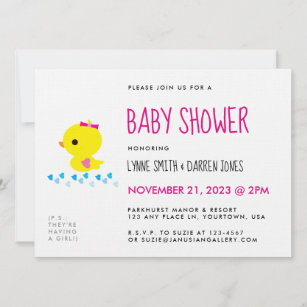 Adorable Yellow Ducky Girl Baby Shower Invitation