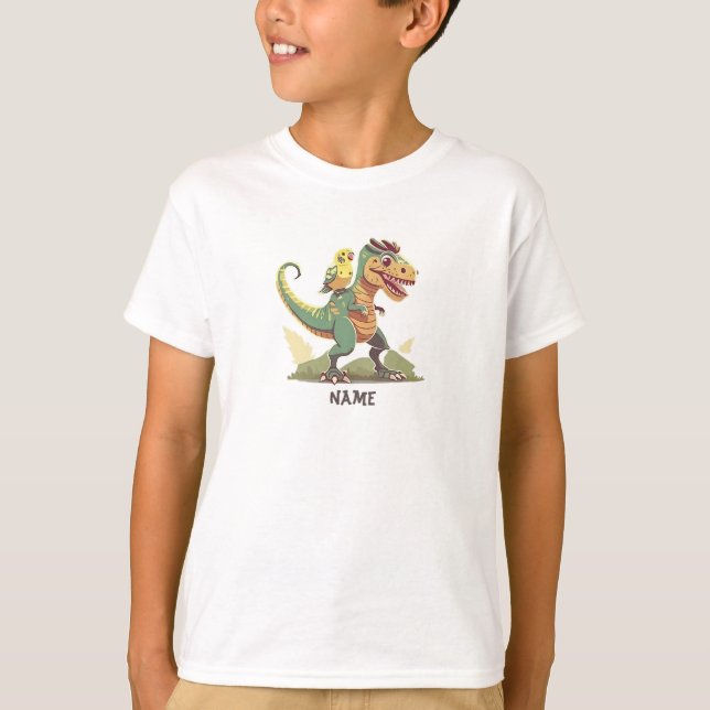 Adorable Yellow & Green Budgie Riding Dinosaur T-Shirt (Front)