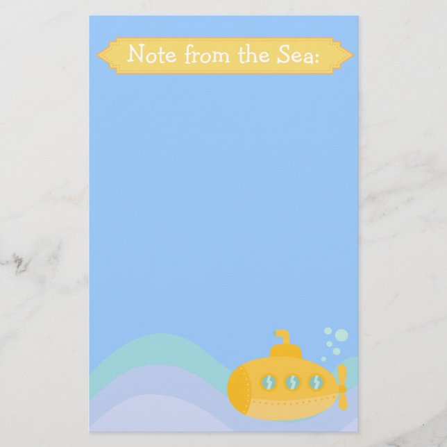Adorable Yellow Submarine Submerged Underwater Stationery (Front)