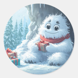 Adorable Yeti with Christmas Presents in a Cave Classic Round Sticker