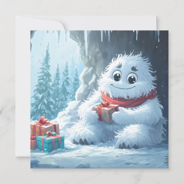 Adorable Yeti with Christmas Presents in a Cave Holiday Card (Front)