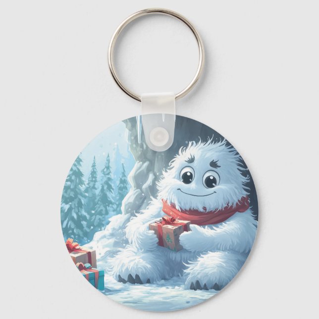 Adorable Yeti with Christmas Presents in a Cave Key Ring (Front)