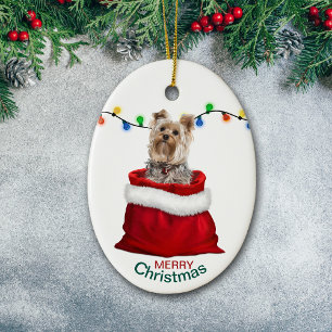 Adorable Yorkie Dog in Holiday Gift Bag Ceramic Ornament