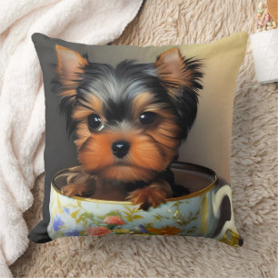 Adorable Yorkie In A Teacup Digital Painting Cushion