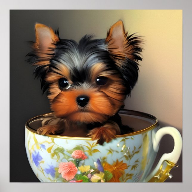 Adorable Yorkie In A Teacup Digital Painting Poster (Front)