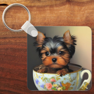 Adorable Yorkie In A Teacup  Key Ring