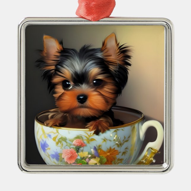 Adorable Yorkie In A Teacup   Metal Ornament (Front)