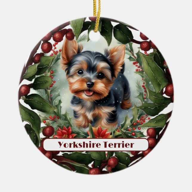Adorable Yorkie, Personalised Christmas  Ceramic Ornament (Front)