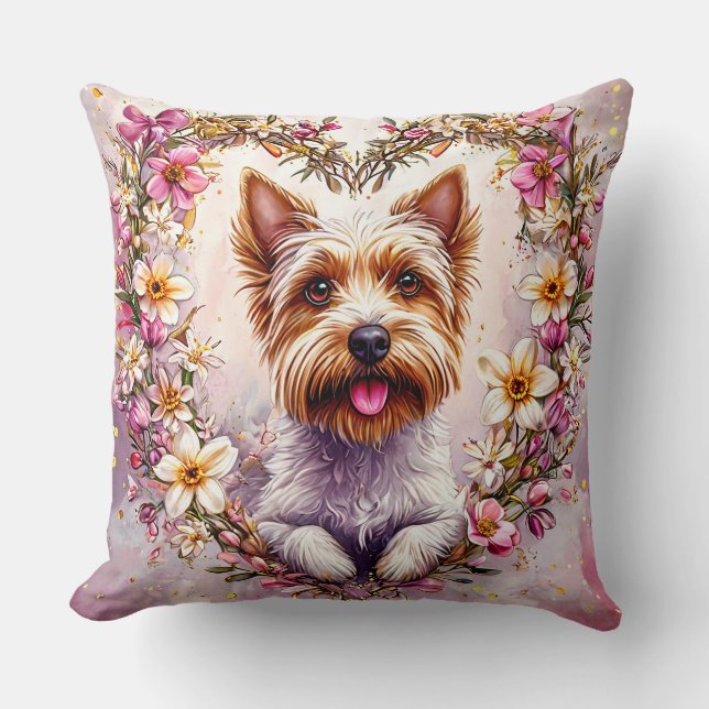 Adorable Yorkie Surrounded by Floral Wreath Cushion (Front)
