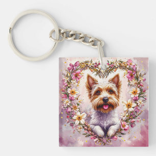 Adorable Yorkie Surrounded by Floral Wreath Key Ring