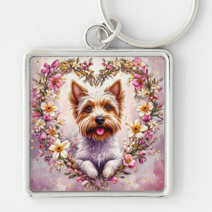 Adorable Yorkie Surrounded by Floral Wreath Key Ring