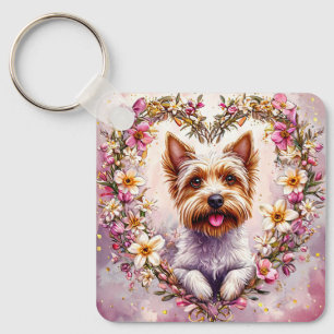 Adorable Yorkie Surrounded by Floral Wreath Key Ring