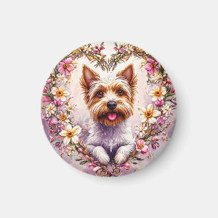 Adorable Yorkie Surrounded by Floral Wreath Magnet