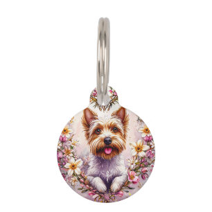 Adorable Yorkie Surrounded by Floral Wreath Pet Tag