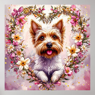 Adorable Yorkie Surrounded by Floral Wreath Poster