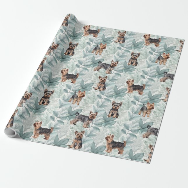 Adorable Yorkie terrier botanical illustration Wrapping Paper (Unrolled)