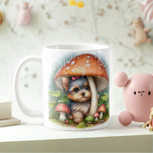 Adorable Yorkshire Puppy Under Mushroom Umbrella Coffee Mug