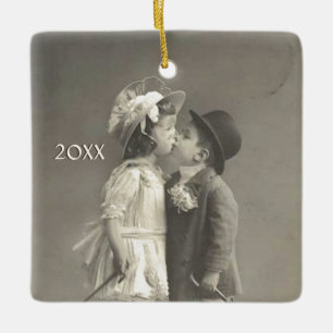 Adorable Young Love Antique Photo Add Year Ceramic Ornament