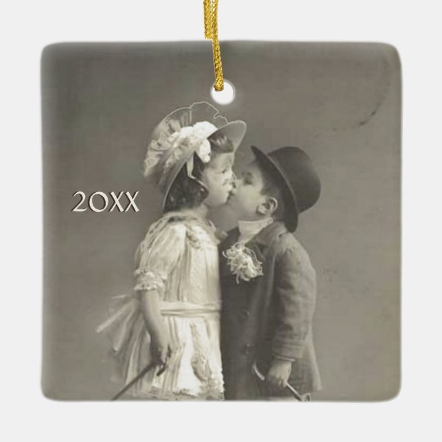 Adorable Young Love Antique Photo Add Year  Ceramic Ornament (Front)