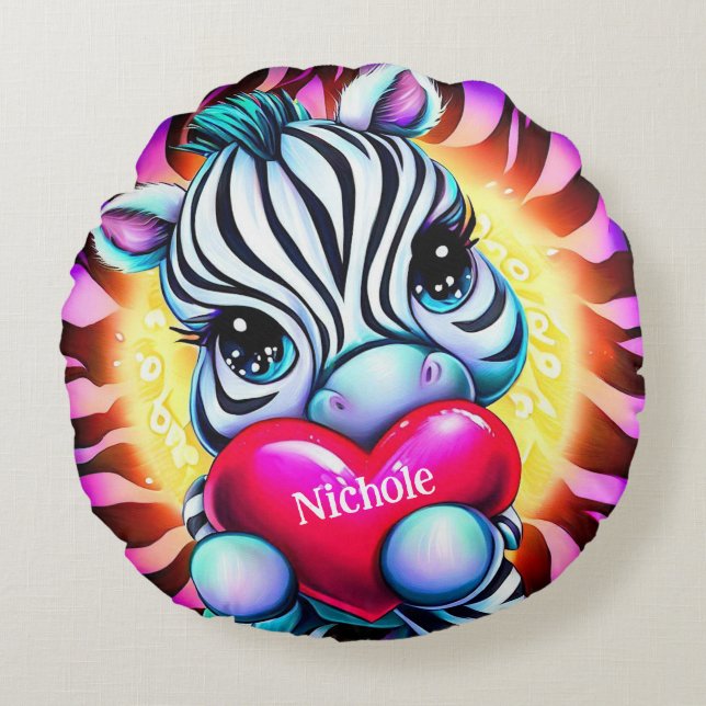Adorable Zebra Holding Heart Round Cushion (Front)