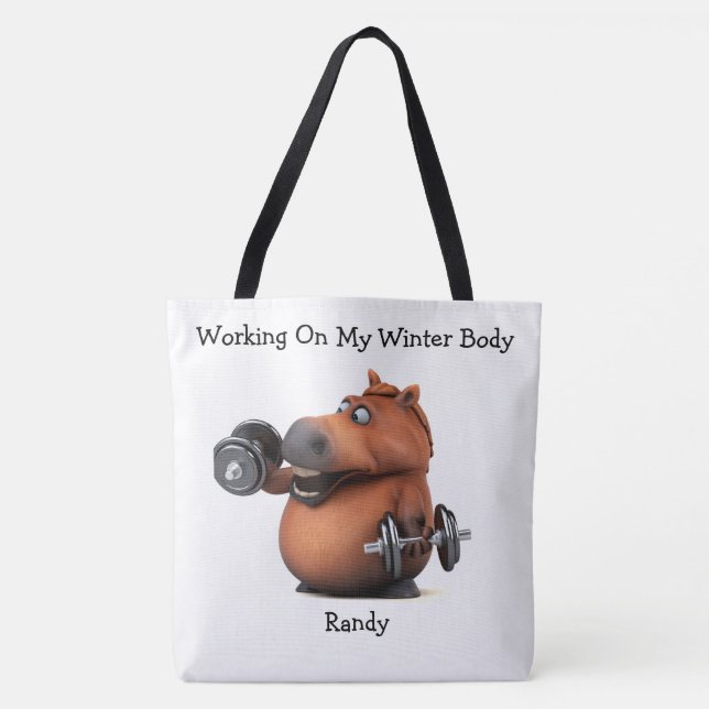 Adorables 3D Chubby Horse Lifting Weights Tote Bag (Front)