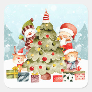 Adorables Christmas Santa And Friends Around Tree  Square Sticker