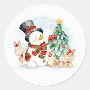 Adorables Christmas Snowman Bunnies And Tree    Classic Round Sticker