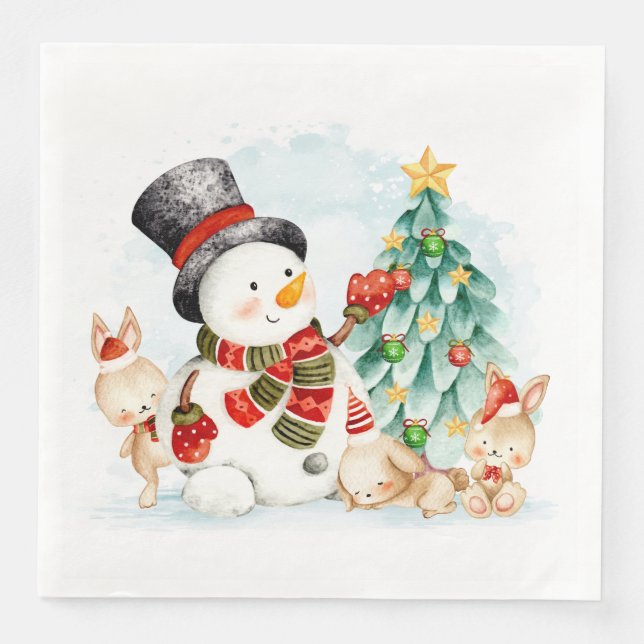 Adorables Christmas Snowman Bunnies And Tree   Napkin (Front)
