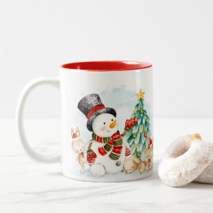 Adorables Christmas Snowman Bunnies And Tree Two-Tone Coffee Mug