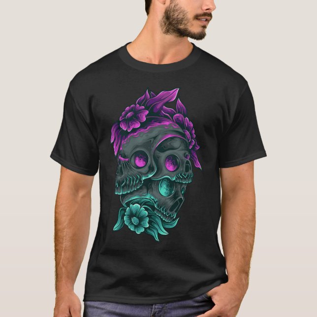 Adorables Day of the Dead 3 Purple & Blue Skulls T-Shirt (Front)