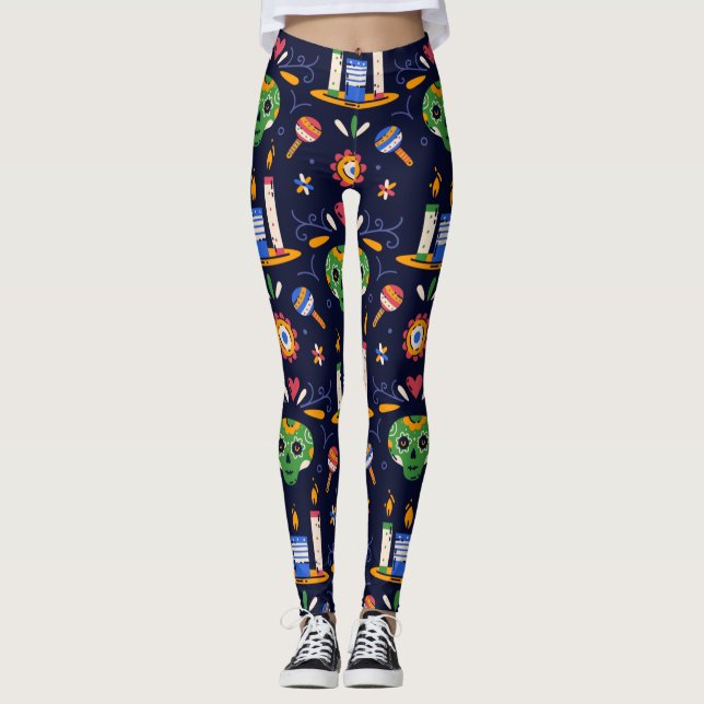 Adorables Day of the Dead Calavara Style Yoga  Leggings (Front)
