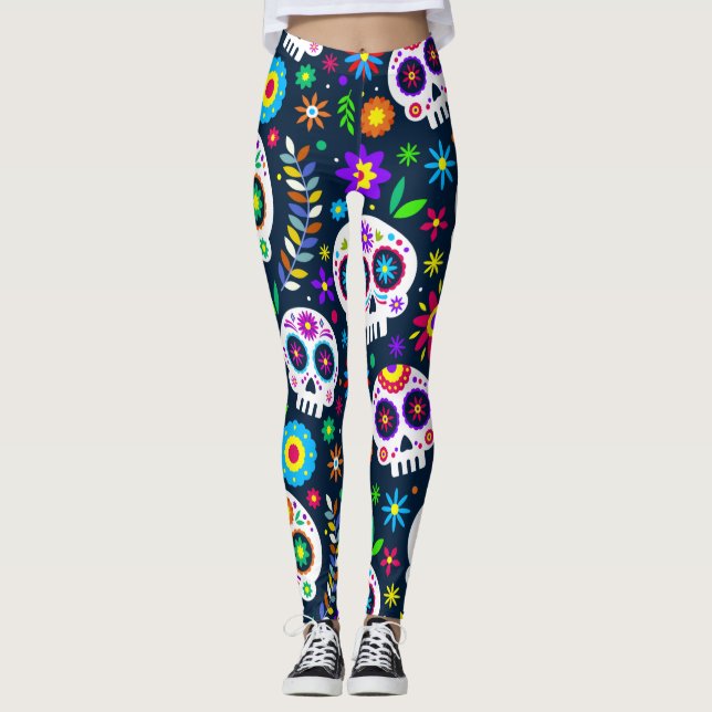 Adorables Day of the Dead Calavara Style Yoga    Leggings (Front)