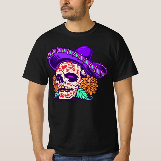 Adorables Day of the Dead Skull With Purple Hat T-Shirt (Front)