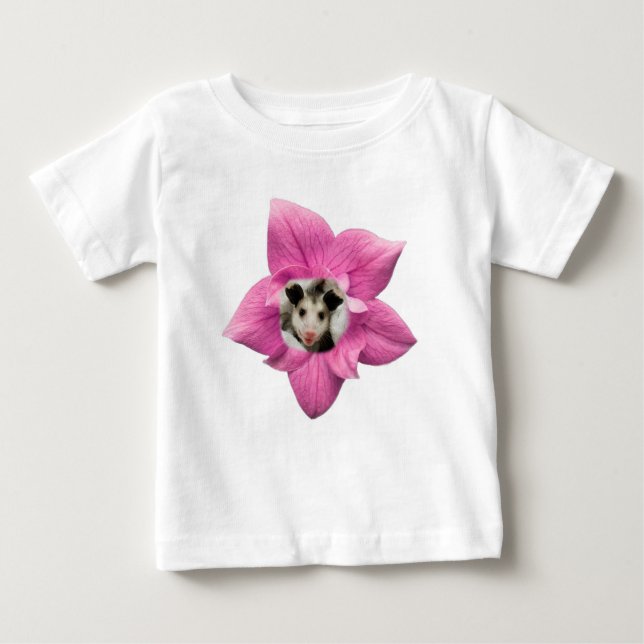 Adorably Cute Baby Smiling Baby Opossum Floral Baby T-Shirt (Front)